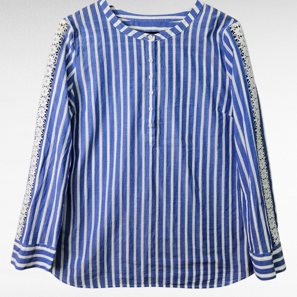 Talbots Blue and White Striped Button-Down Shirt with Lace Trim
